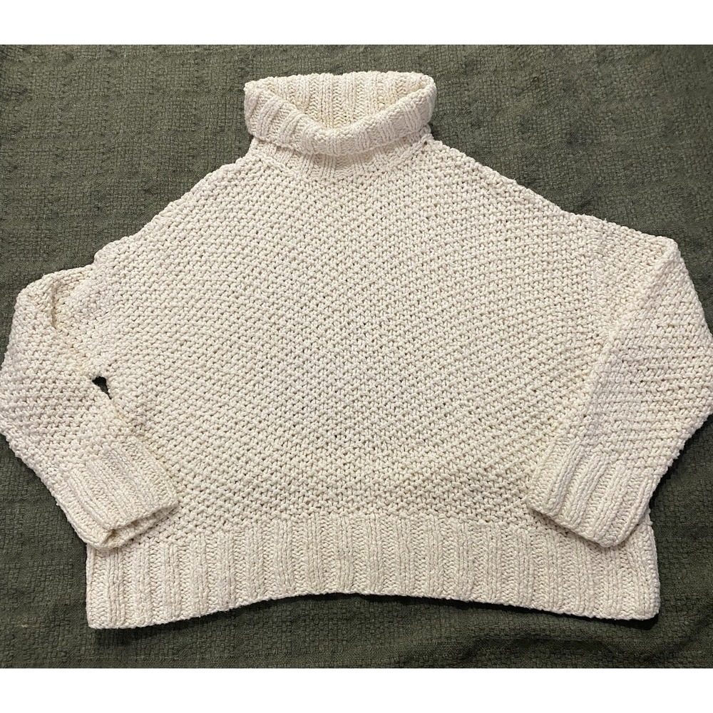 Eileen Fisher Ivory Cotton Blend Textured Open Knit Turtle Neck Sweater. Medium